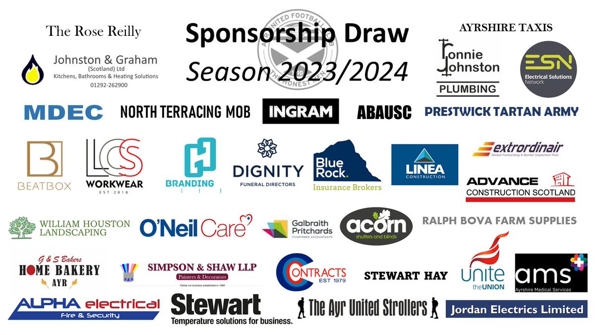 We'd like to say a huge thank you to all the businesses and groups who have entered tonight's Sponsorship Draw.

Almost 60 tickets have been sold and we wish all involved the very best of luck.

ayrunitedfc.co.uk/sponsorship-dr…

#WeAreUnited