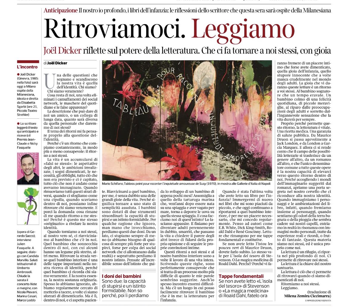 Roberto Uggeri (@uggeriroberto) on Twitter photo “La vita è un accumularsi di «falsi se stessi»: le aspettative degli altri, le ambizioni irrealizzate, i sogni dimenticati, le necessità, gli obblighi, tutto ciò che non era previsto e ci è capitato, tutto ciò che non è andato come avevamo immaginato”
Joël Dicker <a href="/Corriere/">Corriere della Sera</a> “La vita è un accumularsi di «falsi se stessi»: le aspettative degli altri, le ambizioni irrealizzate, i sogni dimenticati, le necessità, gli obblighi, tutto ciò che non era previsto e ci è capitato, tutto ciò che non è andato come avevamo immaginato”
Joël Dicker <a href="/Corriere/">Corriere della Sera</a>