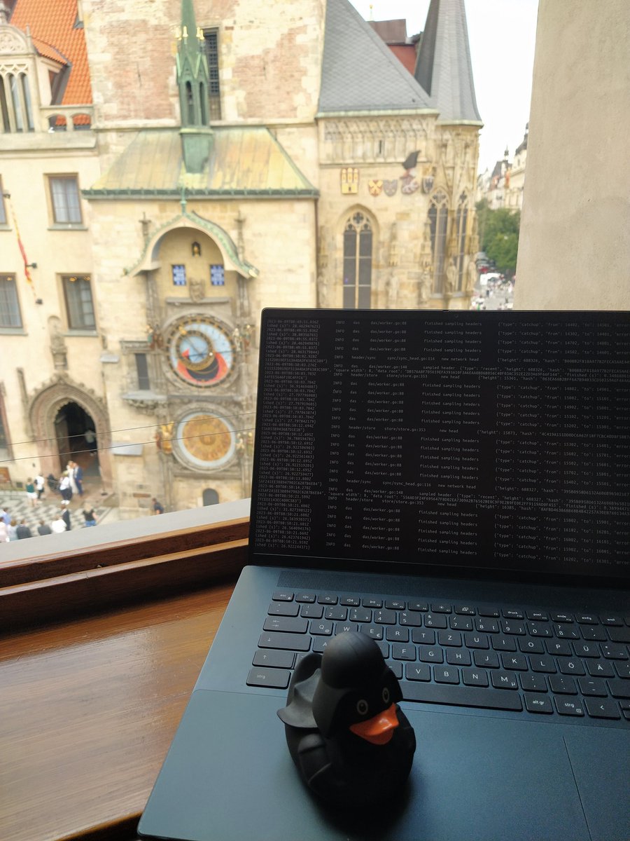 Darth vader duck runs a <a href="/CelestiaOrg/">Celestia</a> light node in Prague across the astronomical clock