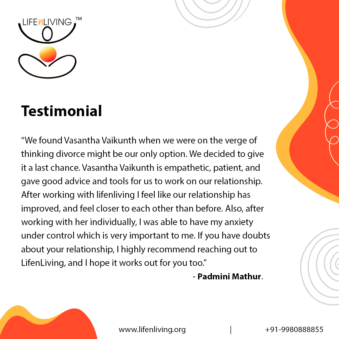 We found Vasantha Vaikunth when we were on the verge of thinking divorce might be our only option. We decided to give it a last chance.

#LiveYourBestLife #OwnYourLife #LoveYourself #CounsellingToReduceStress #RegainMarriageCounseling #MotivateYourMind  #testimonial #review