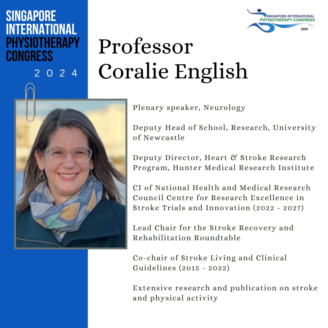 Introducing our plenary speaker for SIPC 2024! Professor Coralie English, a distinguished leader in stroke research & rehabilitation. For more info on her work & contributions visit: physiotherapy.org.sg/SIPC2021-Keyno… #sipcongress #sipc2024 #singaporephysiotherapyassociation @Vijinavamany
