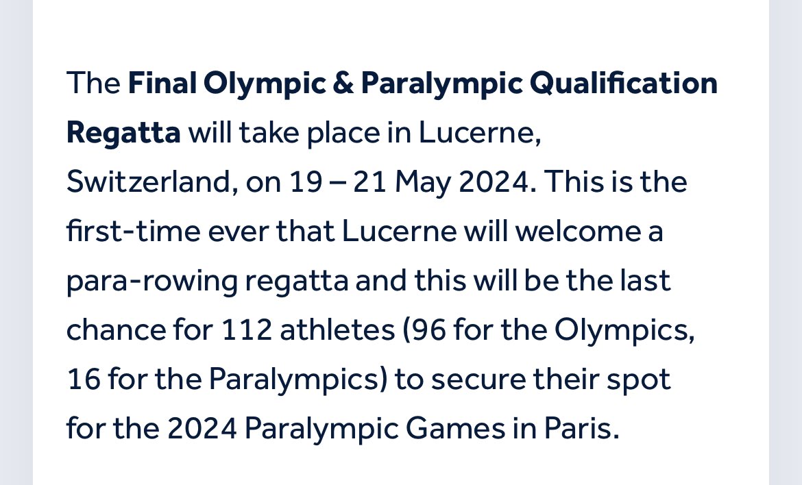 The final Olympic and Paralympic Qualification regatta will take place in Lucerne, 19-21 May 2024!! This is the first time ever (!!) that Lucerne will welcome a para rowing regatta 🤩

Teaser Allert! Two PR1x races will be held on the World Cup in Lucerne 7-9 July 2023 💪