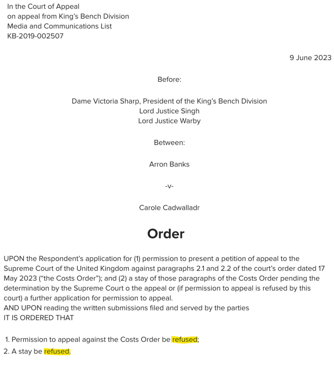 Haha... Carole Cadwalladr's appeal against Arron Banks costs has been refused. She has to pay up!

If you make things up about people without any evidence, it can be quite expensive. 🤭