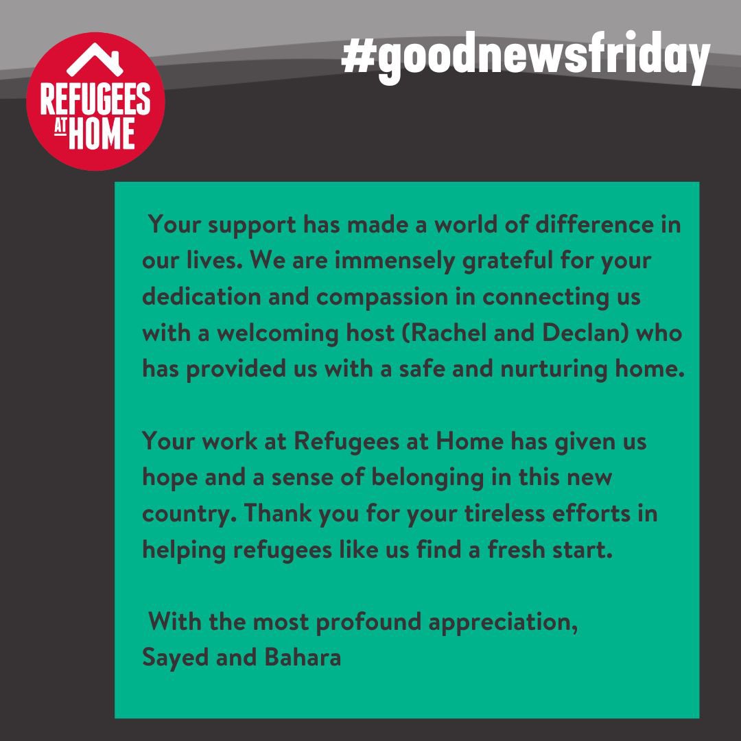 Lovely #GoodNewsFriday. It makes it all worthwhile when guests say: “Your support has made a world of difference in our lives”. The guests - a couple from #Afghanistan - moved in with long-standing hosts, Rachel & Declan in May for a 3-month stay. #FeelTheLove #RefugeesWelcome