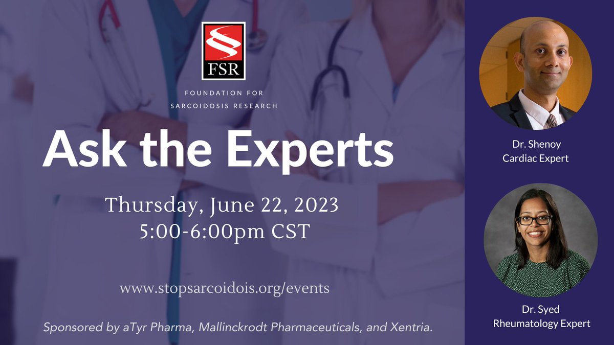 Questions about sarcoidosis? Join us on Thursday, June 22, 2023, for our second Quarterly Ask the Experts Webinar Series! We will have two experts prepared to answer questions focused on sarcoidosis. Learn more and register: stopsarcoidosis.org/events/ #sarcoidosis #askthexperts