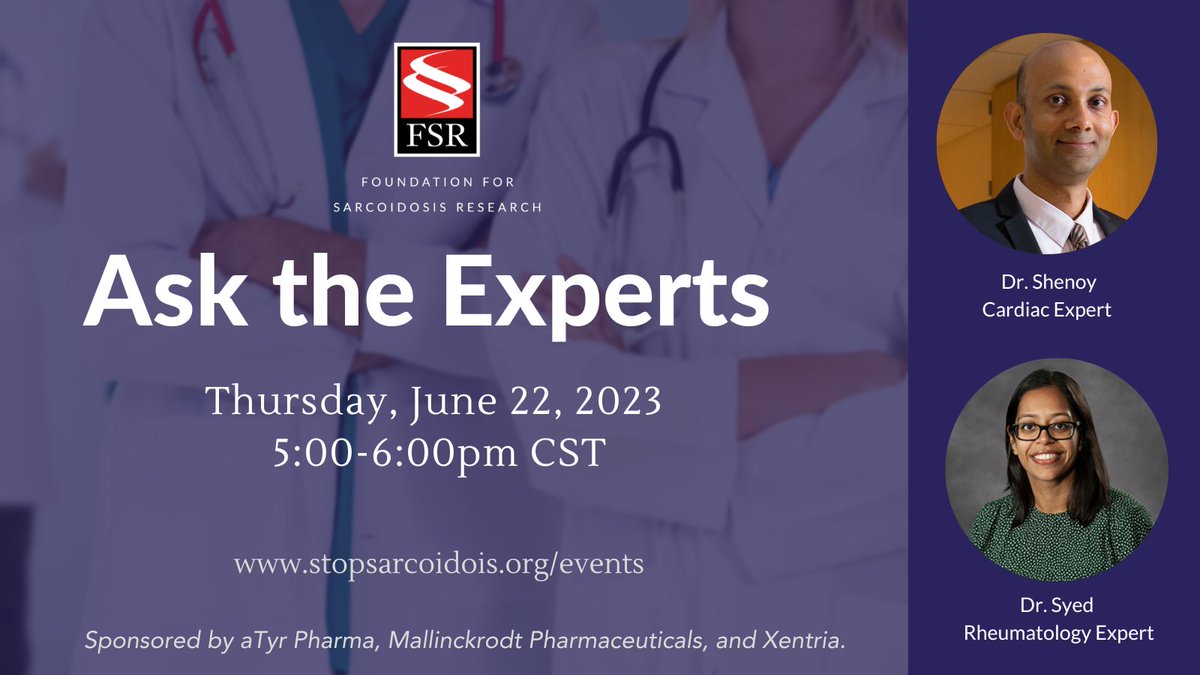 StopSarcoidosis's tweet photo. Questions about sarcoidosis? Join us on Thursday, June 22, 2023, for our second Quarterly Ask the Experts Webinar Series! We will have two experts prepared to answer questions focused on sarcoidosis.
Learn more and register: https://t.co/2tui9q5hmw
#sarcoidosis #askthexperts https://t.co/rGoEJGFutw