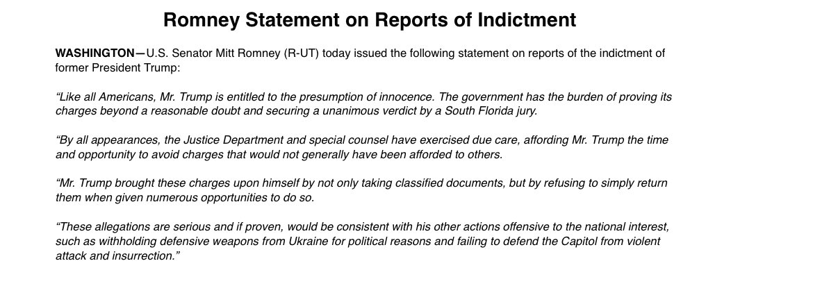 mkraju's tweet photo. Romney: “Mr. Trump brought these charges upon himself by not only taking classified documents, but by refusing to simply return them when given numerous opportunities…
 
“These allegations are serious and… consistent with his other actions offensive to the national interest” https://t.co/BDklRUQIu9
