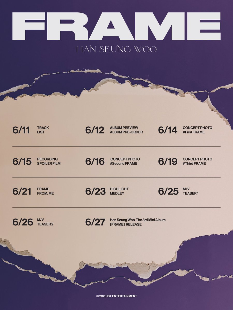 VictonFR's tweet photo. [TEASER]

#HANSEUNGWOO 3ème Mini Album '#FRAME'

27/06/2023 - 11h

Programme : 
11/06 : Tracklist

12/06 : Preview de l'album et début des pré-ventes

14/06 : Concept photo #FirstFRAME

15/06 : Spoiler Video

16/06 : Concept photo #SecondFRAME

19/06 : Concept photo #ThirdFRAME
- https://t.co/dvkeeSBjGu