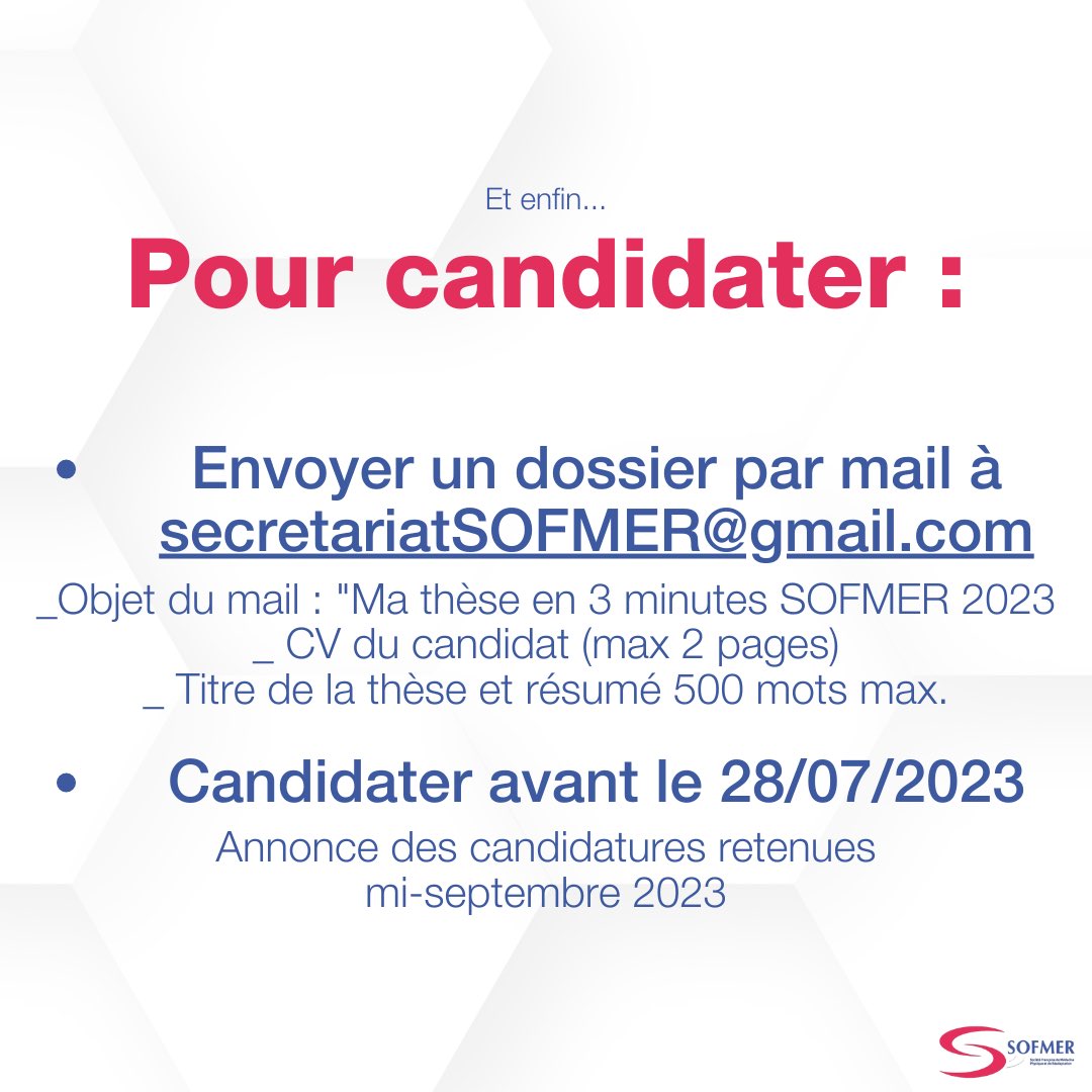Ma thèse en 3 minutes - SOFMER 2023
Les inscriptions sont ouvertes ! 
Retrouvez toutes les règles, le moyen de candidater et la date limite sur les images du post !
On a hâte de lire vos résumés !
#sofmer #sofmer2023 #medecine #etudiantmedecine #etudiantenmedecine #phd #phdlife