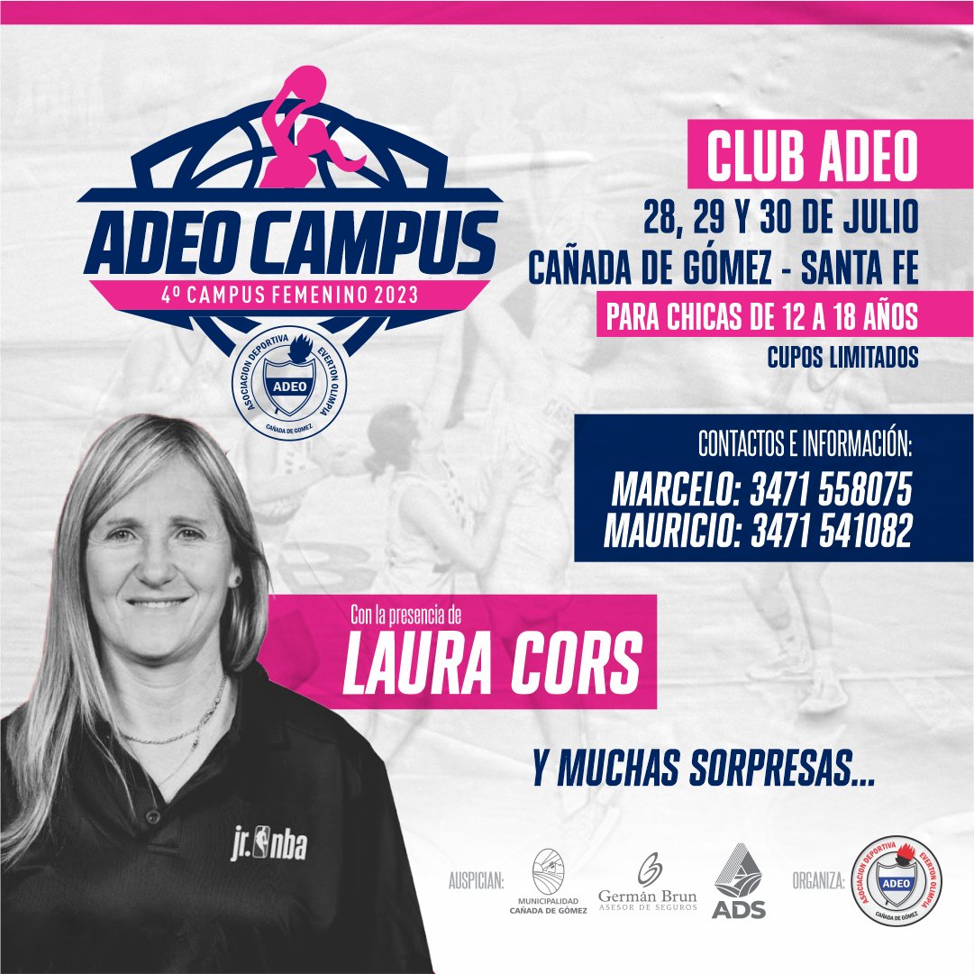 𝐀𝐃𝐄𝐎 𝐂𝐀𝐌𝐏𝐔𝐒 🏀
Abrimos las puertas de nuestra #SegundaCasa para vivir el 4to Campus de básquet femenino para jugadoras de 12 a 18 años.

📍Instalaciones ADEO Cañada de Gómez
📆28,29 y 30 de Julio
ℹ️ Cupos limitados
⭐️Presencia de <a href="/LauraVCors/">LauraCors</a> 

¡No te quede sin tu lugar!