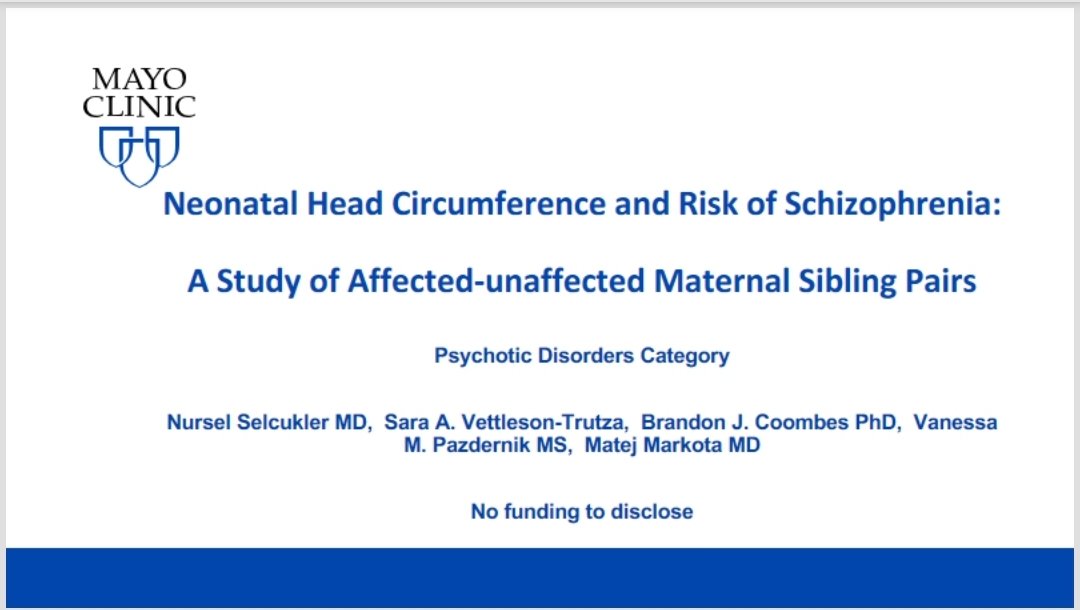 Congratulations to Nursel Selcukler, MD et al. on being the Research Summit awardee in the Psychotic Disorders category. Her project is "Neonatal Head Circumference &amp; Risk of #Schizophrenia : Study of Affected-Unaffected Maternal Siblings" #Psychtwitter