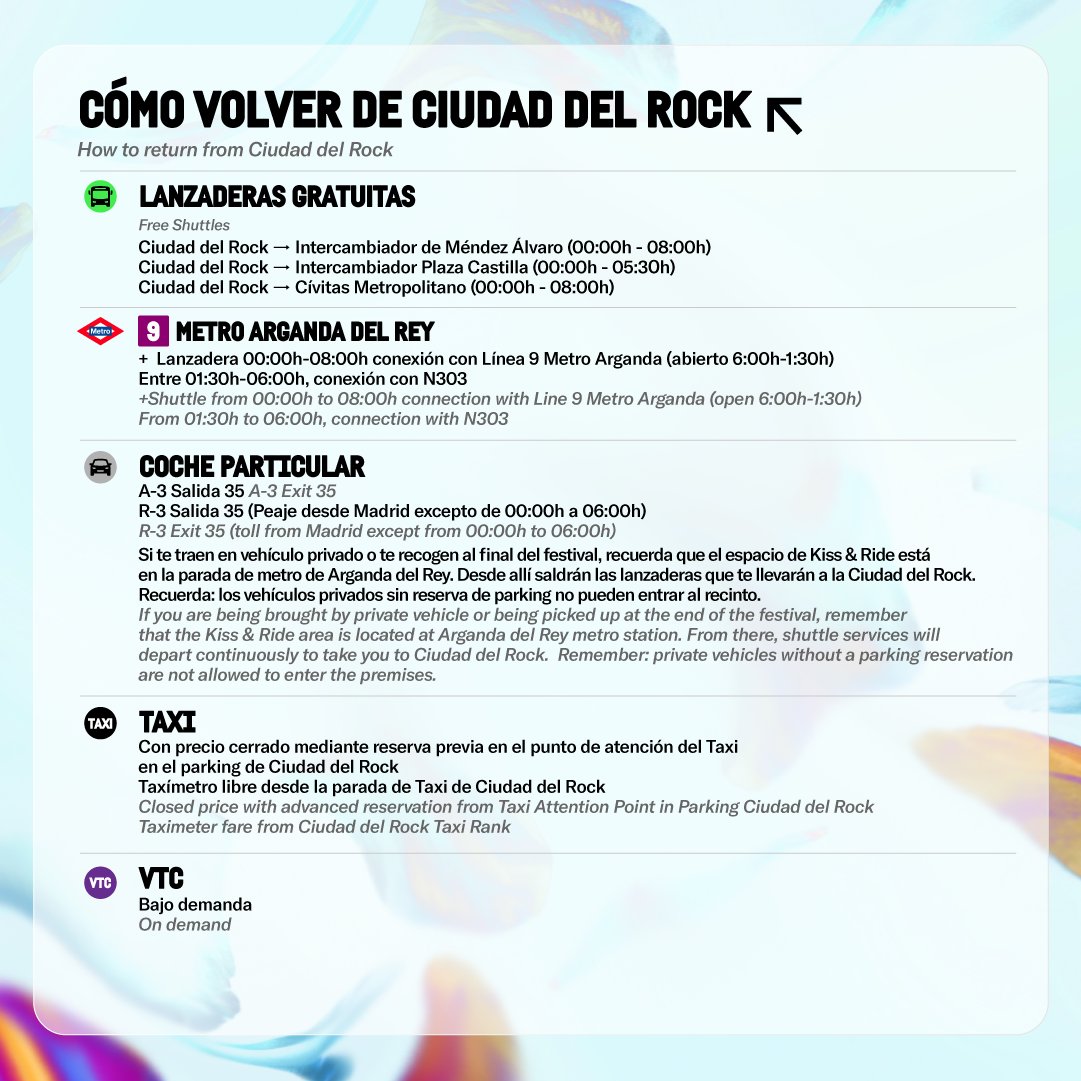 Primavera_Sound's tweet image. 🛣️ Todos los caminos llevan a la Ciudad del Rock: estas son las diferentes opciones de transporte para llegar al festival y volver a casa. Para venir, recomendamos utilizar nuestro servicio de lanzaderas de ida a vuelta a Ciudad del Rock con el Cívitas Metropolitano como punto de…