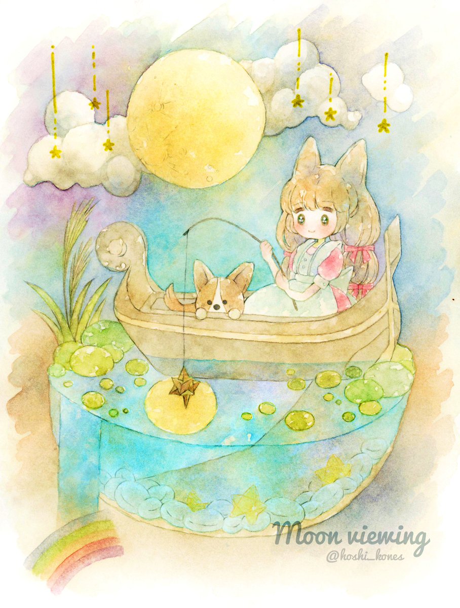 1girl animal ears painting (medium) star (symbol) watercolor (medium) moon long hair  illustration images