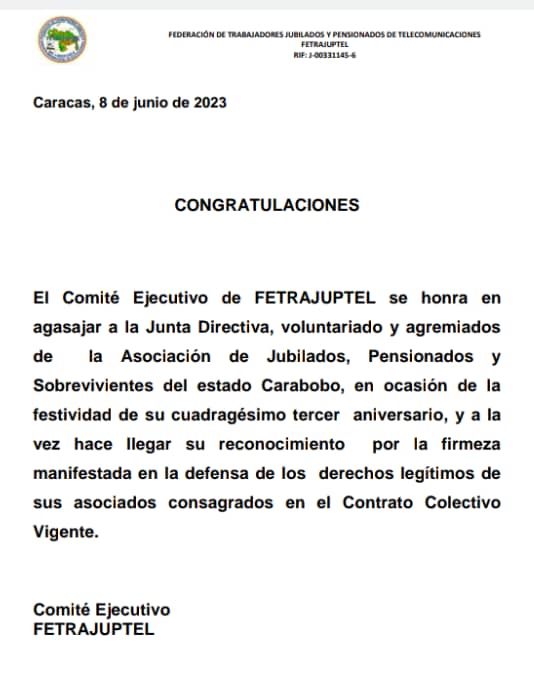 ajuptel_c's tweet photo. Gracias Al Comité Ejecutivo de Fetrajuptel por celebrar el 43 Aniversario de Ajuptel Carabobo https://t.co/INtmbIBevL