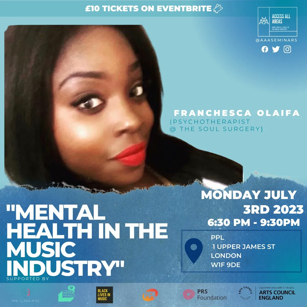 AAAseminars's tweet photo. 🚨LINEUP ALERT! #AccessAllAreas X @BLKLivesinMusic @PPLUK Mon July 3rd 630-930pm with #MentalHealth special NOW ADDED @thesoulsurgery_
We have 4 panelists hosted by @DJPharaohG & new moderator #FatsMoeva
Early Bird Tix £5 @EventbriteUK via: https://t.co/3RnZCApA3G #MusicBiz https://t.co/3XVzPkykeE