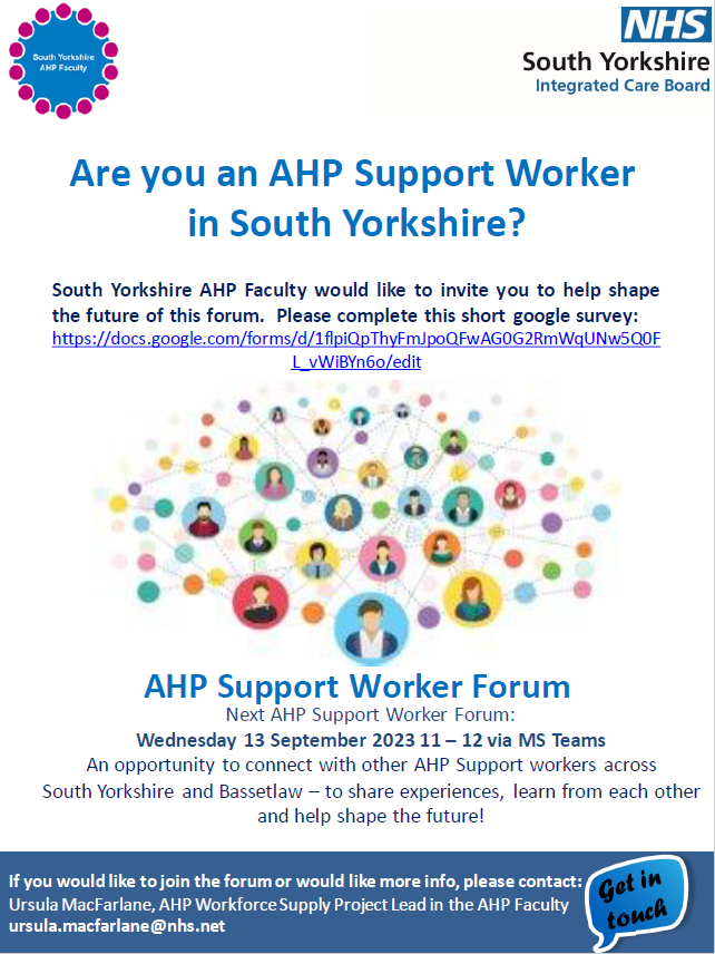 UKMacFarlane's tweet photo. 📢South Yorkshire #AHPSupportworkers
Tell us what you want from your SY AHP Support Worker Forum moving forwards
Have your say and complete this short survey
https://t.co/wkexbMyBEd
Please RT to share widely with your colleagues
🙏 https://t.co/Vu6MxIEdNx