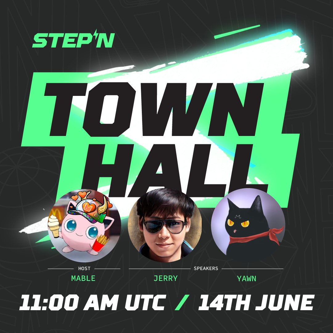 STEPN GO (@stepnofficial) on Twitter photo #STEPN Townhall June 🟢
📆 June 14th at 11am UTC
➡️ x.com/i/spaces/1lPKq…
Come listen to <a href="/Mable_Jiang/">Mable Jiang</a>, <a href="/yawn_rong/">Yawn Rong | We’re Hiring!</a> & <a href="/Jerry10240/">Jerry</a> on STEPN!🔥
🏆RT & Comment this tweet + Follow <a href="/Stepnofficial/">STEPN GO</a>, <a href="/mooarofficial/">MOOAR</a> and our hosts mentioned above to enter a raffle for an OG Shoebox! #STEPN Townhall June 🟢
📆 June 14th at 11am UTC
➡️ x.com/i/spaces/1lPKq…
Come listen to <a href="/Mable_Jiang/">Mable Jiang</a>, <a href="/yawn_rong/">Yawn Rong | We’re Hiring!</a> & <a href="/Jerry10240/">Jerry</a> on STEPN!🔥
🏆RT & Comment this tweet + Follow <a href="/Stepnofficial/">STEPN GO</a>, <a href="/mooarofficial/">MOOAR</a> and our hosts mentioned above to enter a raffle for an OG Shoebox!