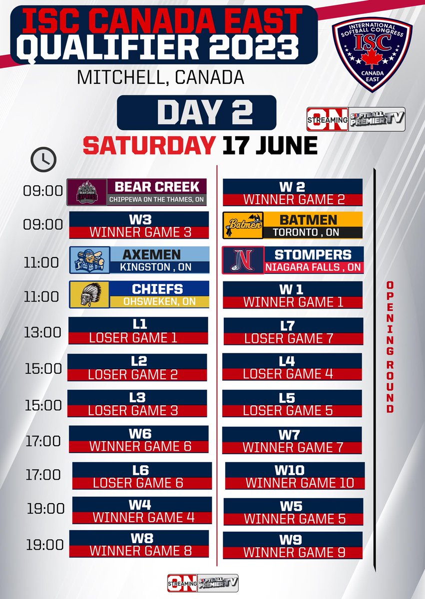 One week from today! Mark your calendar for the ISC Canada East Qualifier in Mitchell! On the road to #ISCWT2023 <a href="/torontobatmen/">Toronto Batmen</a> <a href="/HUchiefs/">Hill United Chiefs</a> <a href="/AlvinstonSrAces/">Alvinston Aces</a> <a href="/Exposfastball/">Elmira Expos</a> <a href="/kingstonaxemen/">Kingston Axemen</a> <a href="/bearcreek_/">Bear Creek Express</a> <a href="/OhswekenRedmen/">Ohsweken Redmen</a> <a href="/NiagaraStompers/">Niagara Stompers</a>  <a href="/NiagaraSnappers/">Niagara Snappers</a> <a href="/GBayGiants/">Georgian Bay Giants</a> #waterdownhammer