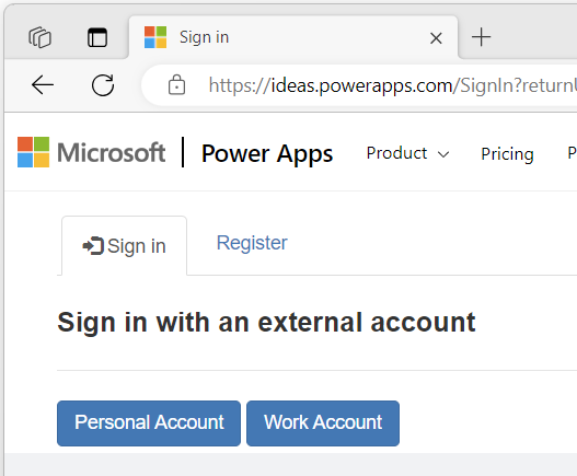 RemcoHooijer's tweet photo. @MicrosoftLearn &amp; @MSPowerApps, I want to post an Idea on https://t.co/bRPIQiQkoj, but when I do it asks for a personal or work account. If I click personal, it automatically signs me in with my work account, which makes this button quite useless... https://t.co/Zua1ehFiqu