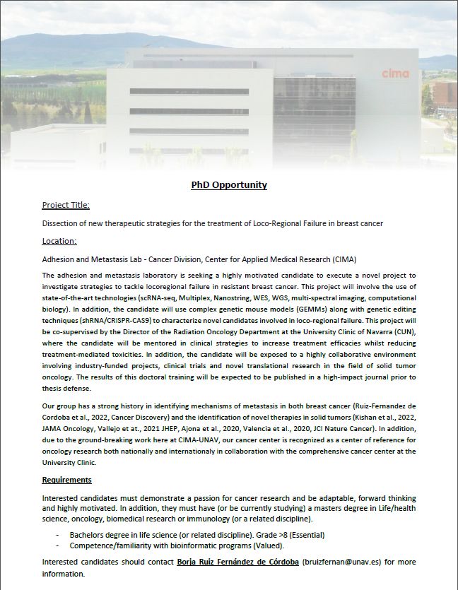 Adh_AND_met's tweet photo. The Adhesion and Metastasis Lab in CIMA is opening a three-year PhD position. We are looking for highly motivated candidates to join projects to characterize novel candidates involved in Loco-regional failure and unveil novel therapeutic approaches in breast cancer. https://t.co/mnWL8hGBnz