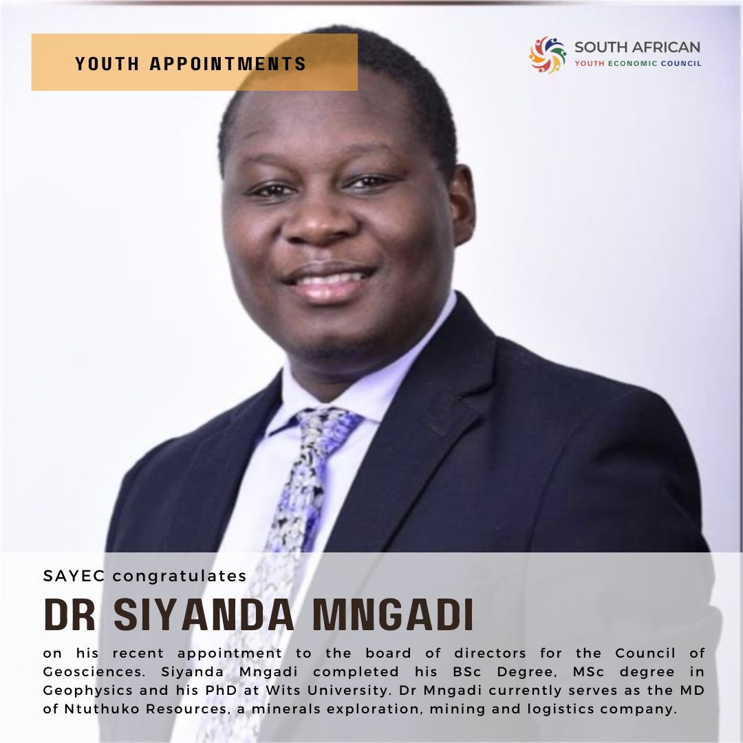 SAYouthEconomic's tweet photo. [YOUTH BOARD APPOINTMENTS🚨] 

SAYEC would like to congratulate Dr Siyanda Mngadi ( @BMngadi ) on his recent appointment to the board of the Council of Geosciences🇿🇦 https://t.co/4hysZCsnjO