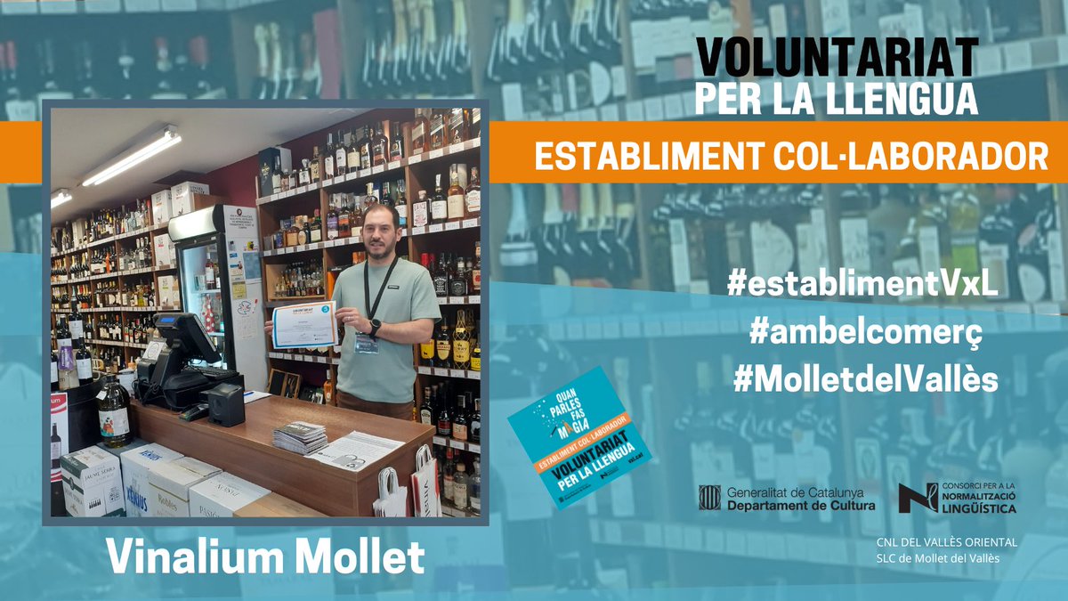 cpnlmollet's tweet photo. L'establiment #Vinalium de #Mollet del Vallès s'adhereix al Voluntariat per la llengua
https://t.co/Y9ShN5WO7M
#establimentVxL #ambelcomerç @Vinalium Mollet
@ajmollet @mercamollet @vxlcat @cpnlcat https://t.co/4058QNYH2o