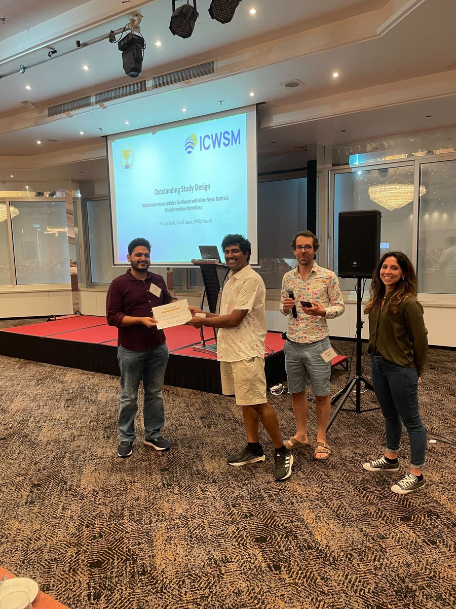 The Outstanding Study Design Award for ICWSM 2023 goes to: 'Mainstream News Articles Co-Shared with Fake News Buttress Misinformation Narratives' by @Pranav__Goel @davidlazer @psresnik