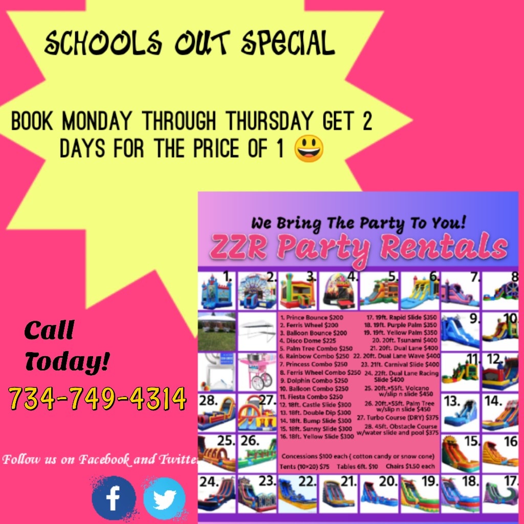 📣 Schools out for the summer special 🌞 Starting today 6/9/23 call and mention this ad to reserve a weekday special🎉  ZZR Party Rentals 734-749-4314.
#bouncehouse #waterslide #inflatablerentals #bouncycastle #inflatableslides #summerfun #partyideas #partyrentals #obstaclecourse