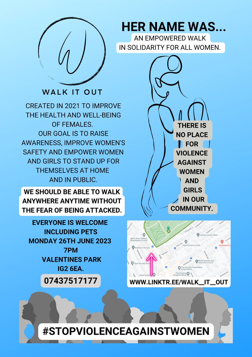 An empowered walk to #stopviolenceagainstwomen
MONDAY 26TH JUNE 7PM
Valentine's Park #Ilford