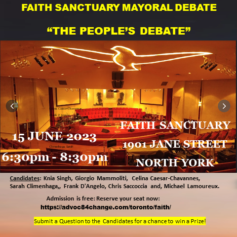 Mayoral Candidate's square off at Faith Sanctuary Pentecostal Church on. June 15th.
#TorontoMayor @masterknia @SarahC_Toronto @FrankDangelo23 @iamcelinacc