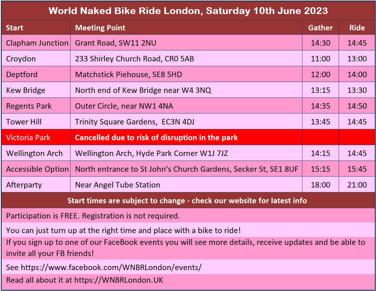 WNBR London 2023  Choose your start.  Tell all your friends. #RT Share everywhere.   See wnbrlondon.uk or Facebook facebook.com/WNBRLondon/eve… #WNBR #London #naked #BikeRide #Cycling #Protest #OilDependency #ClimateChange #CarCulture #BodyPositivity #BodyAcceptance