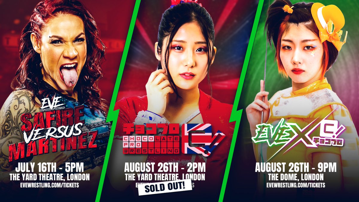 ProWrestlingEVE's tweet photo. Upcoming EVE events in London!

Sunday July 2nd (Day after #WWEMITB) @DomeTufnellPark
🔔2pm

Sunday July 16 @YardTheatre
🔔5pm

Saturday Aug 26 w/ @gatohmove @YardTheatre 🔔2pm
(SOLD OUT) &amp; @DomeTufnellPark 🔔9pm

Get your tickets NOW at:
https://t.co/XccXLyO9O1 https://t.co/TT8V42m6sv