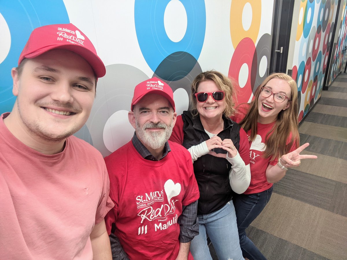 It's #RedDAYFriday! 

The CityNews team (<a href="/BradKraemerJr/">Bradley Kraemer</a>, @DouglasCityNews, <a href="/lisadrewradio/">Lisa Drew</a>, <a href="/CClark570/">Christine Clark</a>) is wearing red to support heart health in our community @SMGHF <a href="/StMarysGenHosp/">St. Mary's Hospital</a> 

The Mike Farwell Show will be live on location from 10 a.m. to 2 p.m.! redday.ca