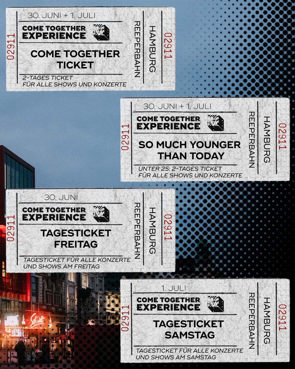 Es gibt tolle Neuigkeiten! 
Ab sofort sind auf cometogether-experience.com nicht nur unsere Festival 2-Tages Tickets verfügbar, sondern auch Tagestickets für Freitag oder Samstag. 

…e-beatles-experience.online-ticket.de/come-together-…

#cte23 #liverpauli #ctehh #giveaway #hamburg #beatlesfestival #beatlesforever