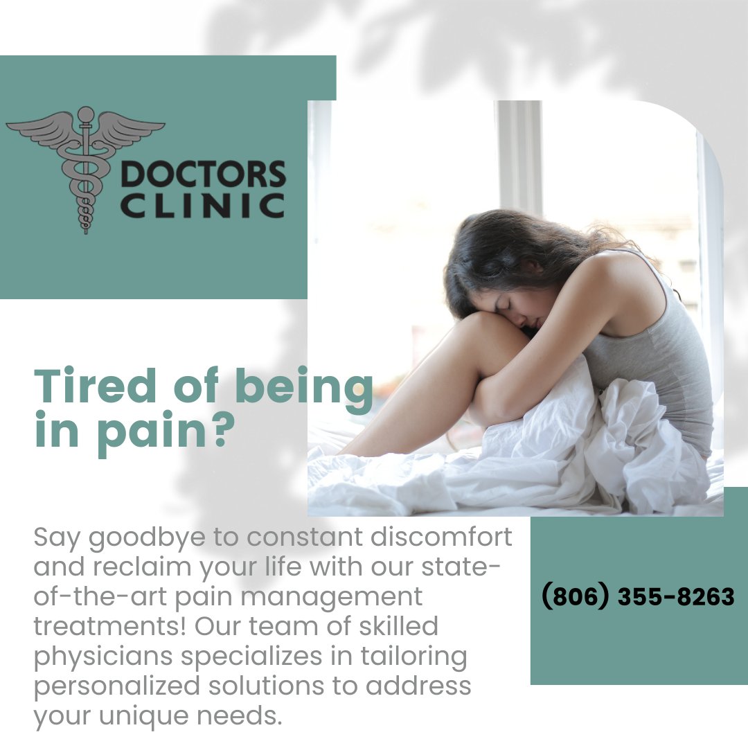 Whether you're dealing with back pain, arthritis, migraines or any persistent pain condition.  We combine advanced medical techniques with compassionate care to help find long-lasting relief. #PainManagement #DoctorsClinicofAmarillo #ReliefFromPain #QualityCare #WellnessJourney