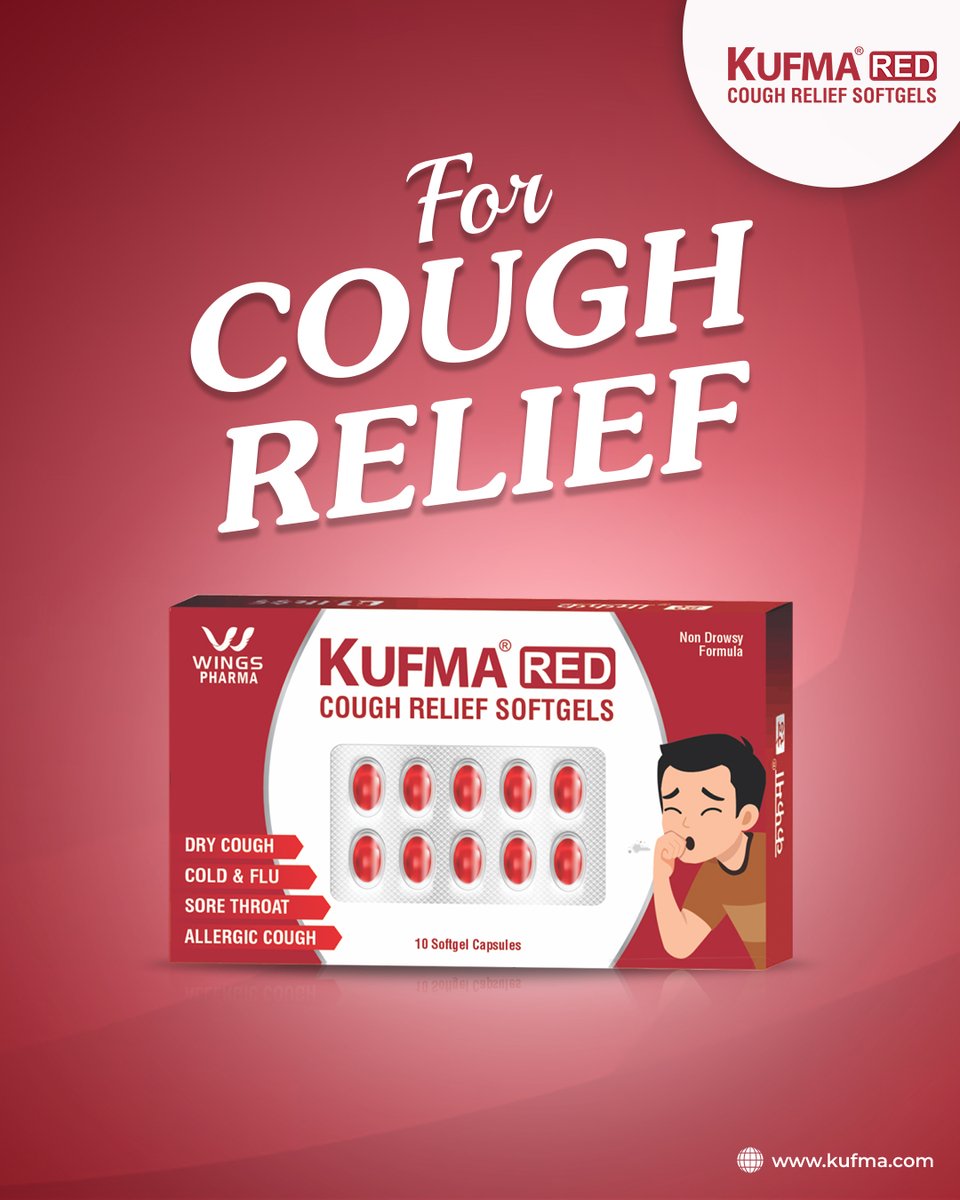 Kufma Red Soft Gel Capsule Used Specially for Dry Cough Relief.
Kufma Red Cough Relief SoftGels Capsule provide Effective Relief from Dry Cough, Allergy Cough, Sore Throat, Cold & Flu.
#KufmaRed #KufmaRedCapsules #DryCough #CoughRelief #QuickRelief #Health #ColdandFlu #SoreThroat