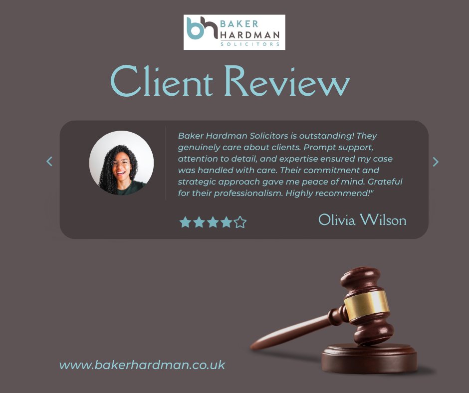 🌟✨ A Delighted Client Shares Their Experience with Baker Hardman Solicitors! ✨🌟

#BakerHardmanSolicitors #ClientSatisfaction #LegalServices #ExpertAdvice #LawFirm #LegalAssistance #ClientTestimonial #HappyClient #LegalMatters #TailoredSolutions