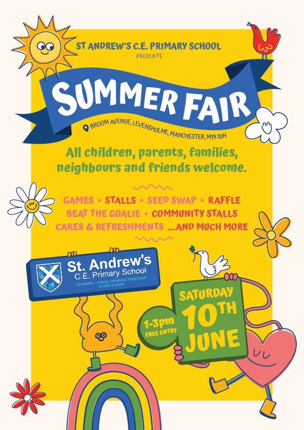 StAndrewsLevPTA's tweet photo. We’re so excited for our Summer Fair tomorrow!

Please join us 1-3pm☀️for traditional dishes &amp; cakes made by parents, toy sale, sports, plants grown by Yr 3, books, balloon-making, seed-planting &amp; more!

Everyone welcome &amp; we'd love to see you there. Please share 🙏 #Levenshulme https://t.co/HTmnOW2HzM
