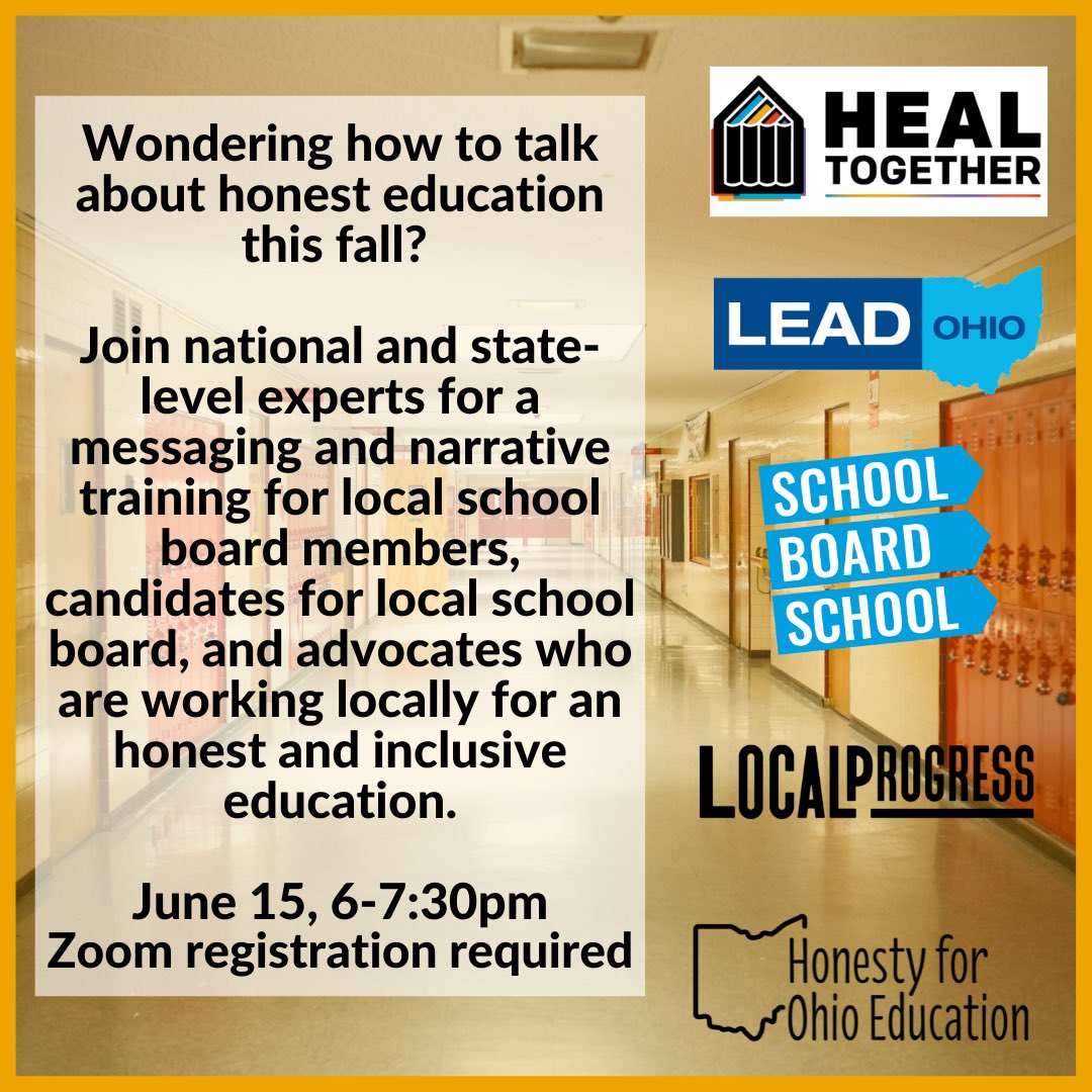 Honesty4OhioEd's tweet photo. If you’re a school board member, running to become one, or supporting those who are, join us next week for a narrative and messaging training to prepare for the fall!
Register: https://t.co/eYHBnfDfS6 https://t.co/mPtkxddZPa