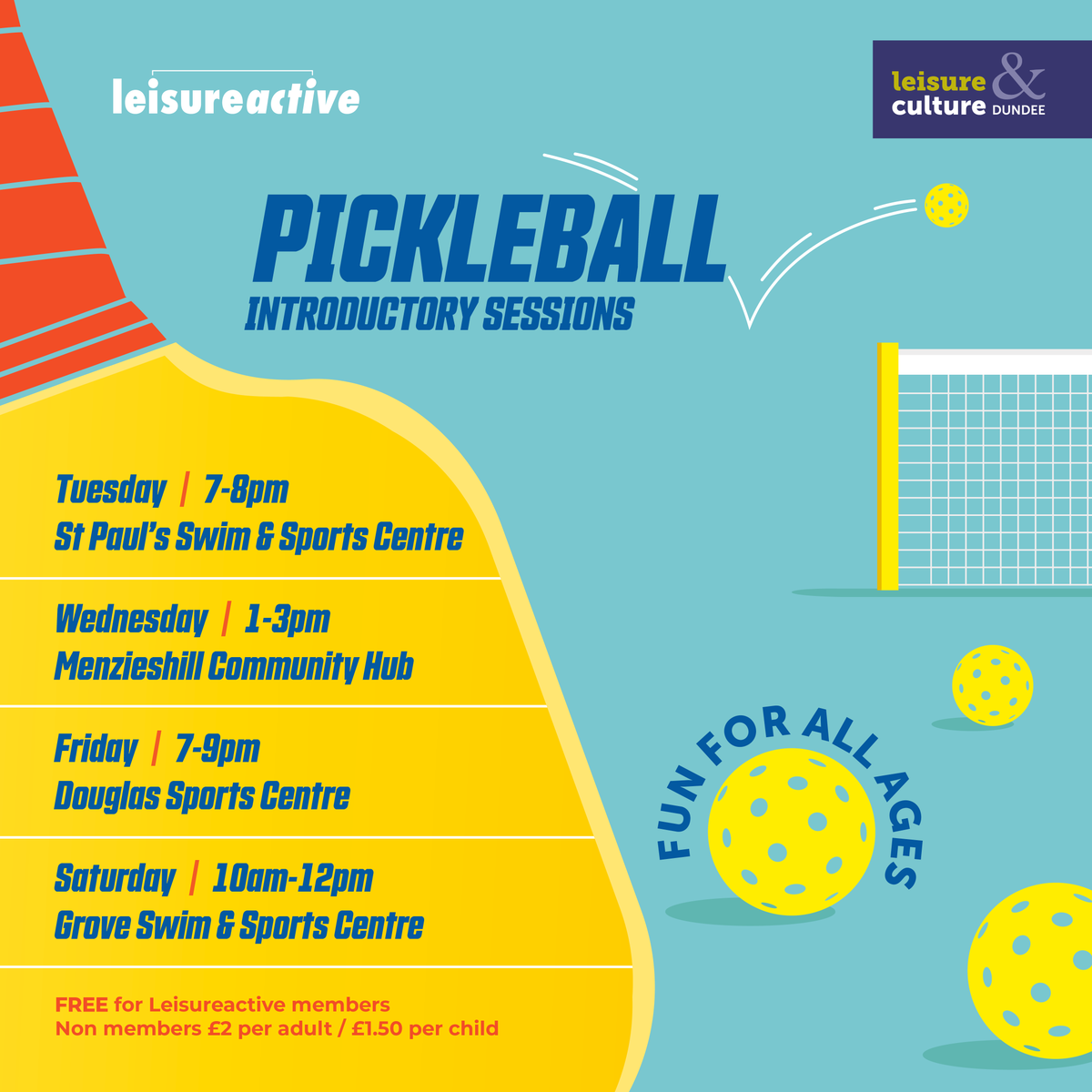LACDundee's tweet photo. Pickleball has arrived at Leisure &amp; Culture Dundee! The ultimate family-friendly sport is available at Douglas, Grove, St Paul's &amp; Menzieshill Community Hub from 13 June.

We have coach-led sessions to introduce the sport, so find out more &amp; sign up at https://t.co/f2DIvHWhLr https://t.co/UWA8eM7YB9