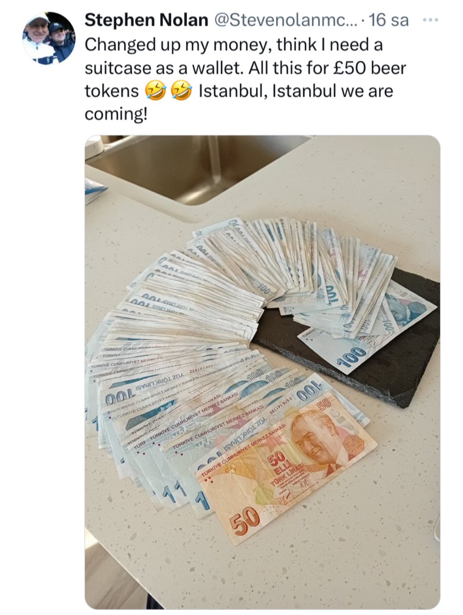 Şampiyonlar Ligi finali için İstanbul’a gelecek olan bir Manchester City taraftarının tweeti:

"Paramı bozdurdum, cüzdan için bir bavula ihtiyacım olduğunu düşünüyorum."