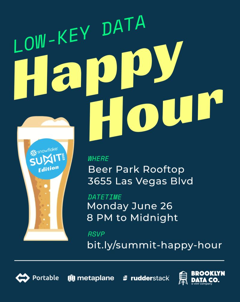Brooklyn Data Co. (a Velir company) (@brooklyndata) on Twitter photo We're starting off #SnowflakeSummit the best way we know how, drinks with our data community! 🍻
Join us on June 26 from 8-12pm with our co-hosts from Portable, <a href="/RudderStack/">RudderStack</a>, and <a href="/metaplane/">Metaplane by Datadog</a> for rooftop drinks in Vegas.
Make sure to save your spot! 🚀 lnkd.in/gdQzZKY5 We're starting off #SnowflakeSummit the best way we know how, drinks with our data community! 🍻
Join us on June 26 from 8-12pm with our co-hosts from Portable, <a href="/RudderStack/">RudderStack</a>, and <a href="/metaplane/">Metaplane by Datadog</a> for rooftop drinks in Vegas.
Make sure to save your spot! 🚀 lnkd.in/gdQzZKY5