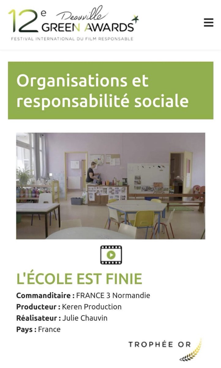 Bravo 👏 L'école est finie - film documentaire de <a href="/ju_chauvin/">Julie Chauvin</a> pour ce prix «organisation et responsabilité sociale» du Festival de Deauville Green Awards❤️❤️❤️
🎥À demain, nombreux pour la diffusion sur <a href="/publicsenat/">Public Sénat</a> à 21h
#nonalacassedelecolepublique
#dufricpourlecolepublique
1/2