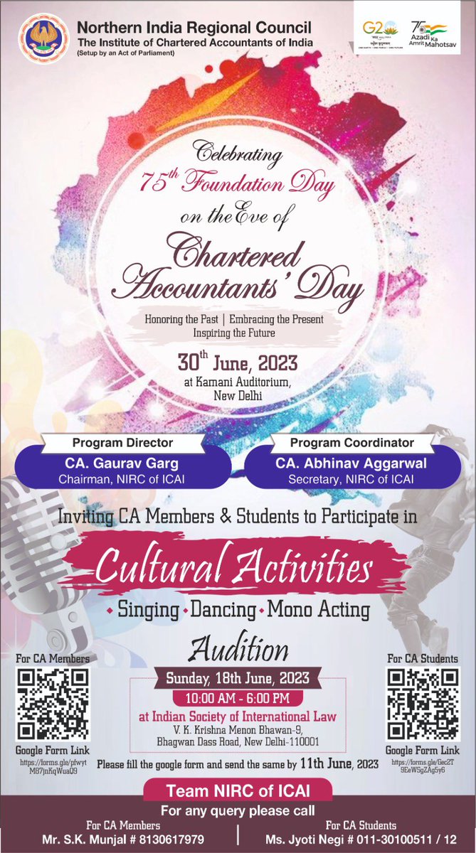 Abhiaggarwal08's tweet image. 📣 Calling all #CAMembers &amp;amp; #CAStudents to participate in Cultural Activities 🎭

🔗 Register via Google Form:
📌CA Members: docs.google.com/forms/d/e/1FAI…

📌CA Students: docs.google.com/forms/d/e/1FAI…

Please fill the Google form and submit by 11th June, 2023.

#CharteredAccountantsDay