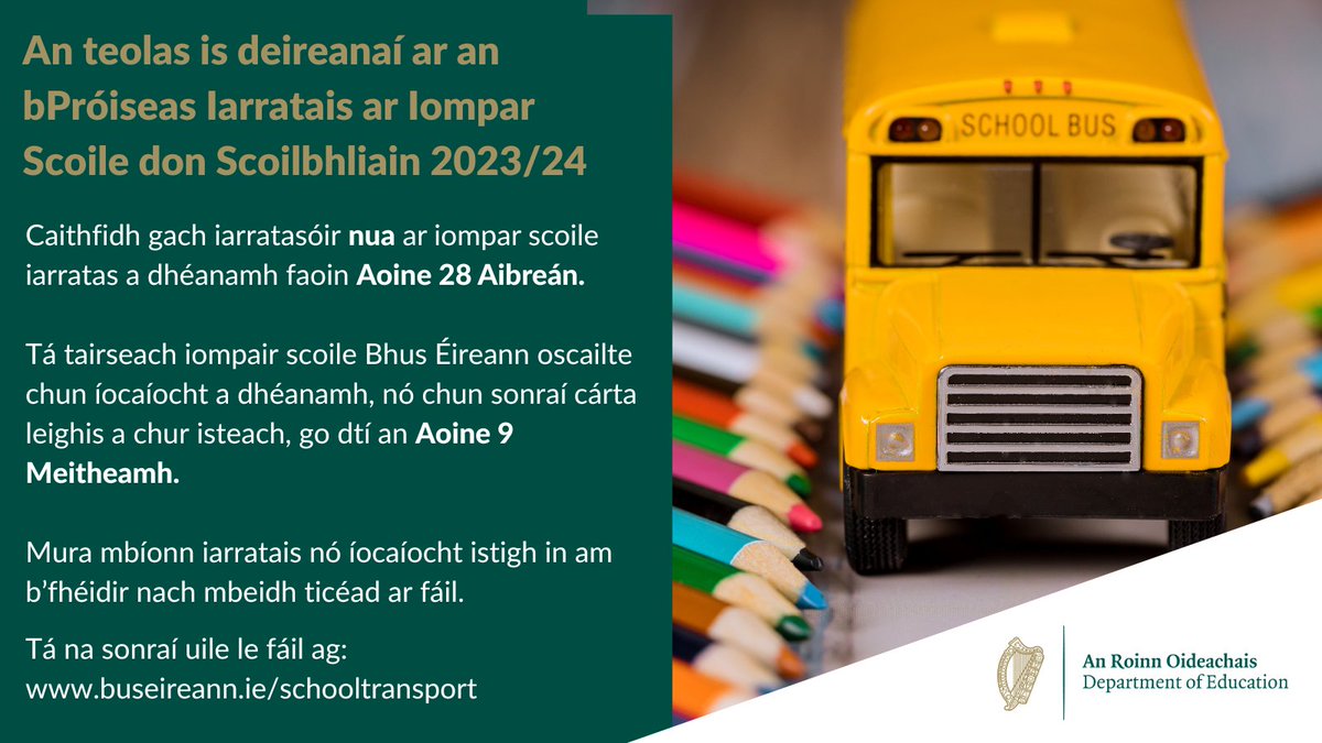 📢Meabhrúchán deiridh! Tá tairseach iompair scoile Bhus Éireann oscailte chun íocaíocht a dhéanamh, nó chun sonraí cárta leighis a chur isteach, go dtí an Aoine 9 Meitheamh. Tá na sonraí uile le fáil ag👉buseireann.ie/schooltransport