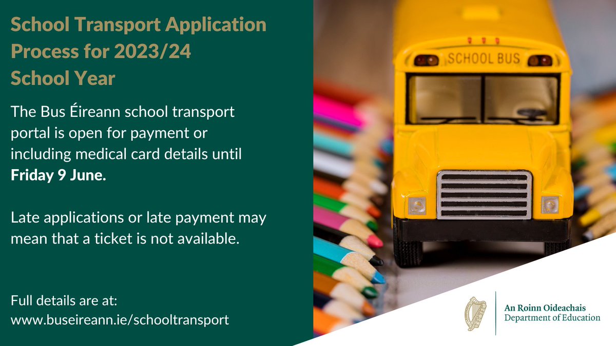 📢Final reminder! The Bus Éireann school transport portal is open for payment or including medical card details until midnight Friday 9 June. Full details are at 👉buseireann.ie/schooltransport