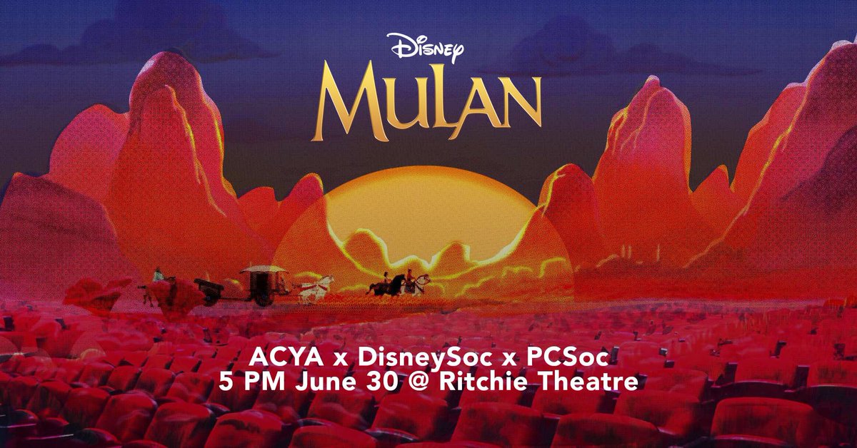 PCSoc x ACYA x DisneySoc presents MULAN MOVIE NIGHT ‼️

Come watch Mulan 1998 (the animated one !!!) @ Ritchie Theatre with all your friends 👯‍♀️👯‍♀️ and sing along to these classic tunes! 🎤 

📍 Where: Ritchie Theatre, UNSW
🗓 When: 30th June, 5 PM
💸 Cost: FREE!