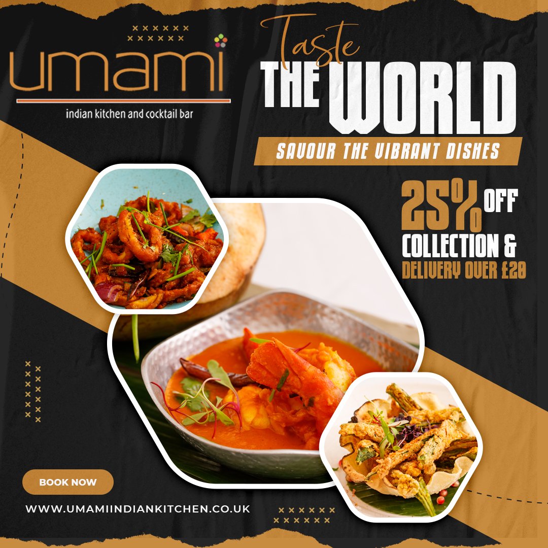 Umami Indian Kitchen is thrilled to extend a special offer to you this weekend, enjoy a fantastic 25% discount on all Collection &amp; Delivery orders over £20 
Order Online at: umamiindiankitchen.co.uk/menu
.
.
#UmamiRestaurant #IndianTakeaway #DeliciousDining #WeekendOffer #OrderNow
