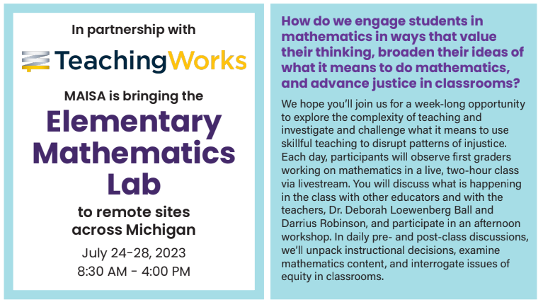 scottblock_'s tweet photo. Macomb County math teachers: Check out this awesome opportunity this summer to interact with other area educators in examining how to value students' thinking, broaden their ideas of what it means to do mathematics, and advance justice in the classroom. https://t.co/KeUf2rmM3b https://t.co/qcZP3ETxzB