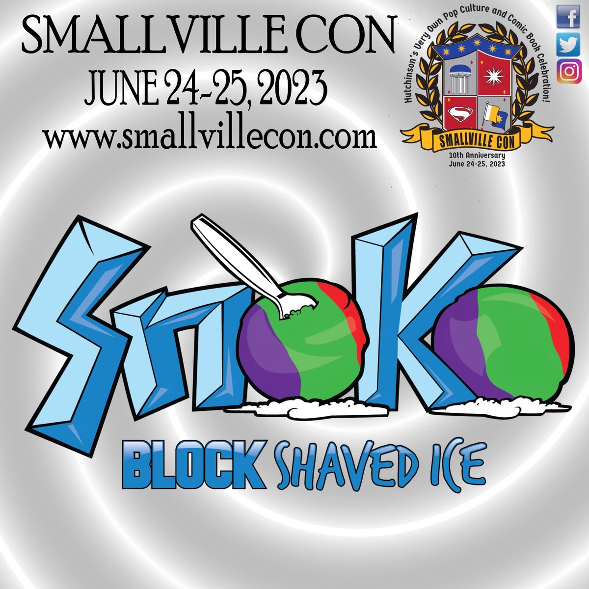 We will have a variety of food truck vendors set up at the #SmallvilleCon including Papa's Tasty Treats, SnoKo shaved ice and Smith's Smokin BBQ!